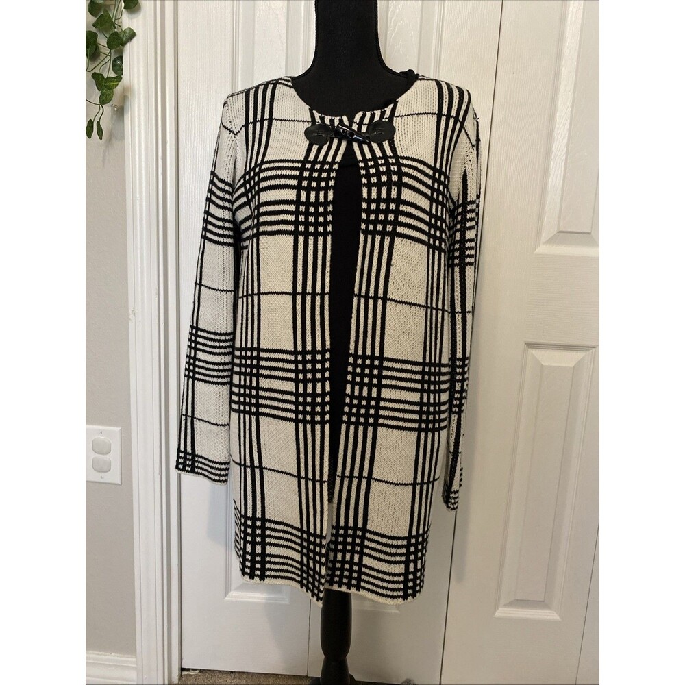 Escio Black White Plaid Knit Toggle Cardigan Sweater Women's Size S Acylic